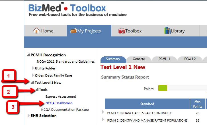 To upload your guidelines, log into your BizMed Toolbox account and navigate to your PCMH project by clicking on the My Projects tab Note: If your practice has multiple sites, you will need to repeat