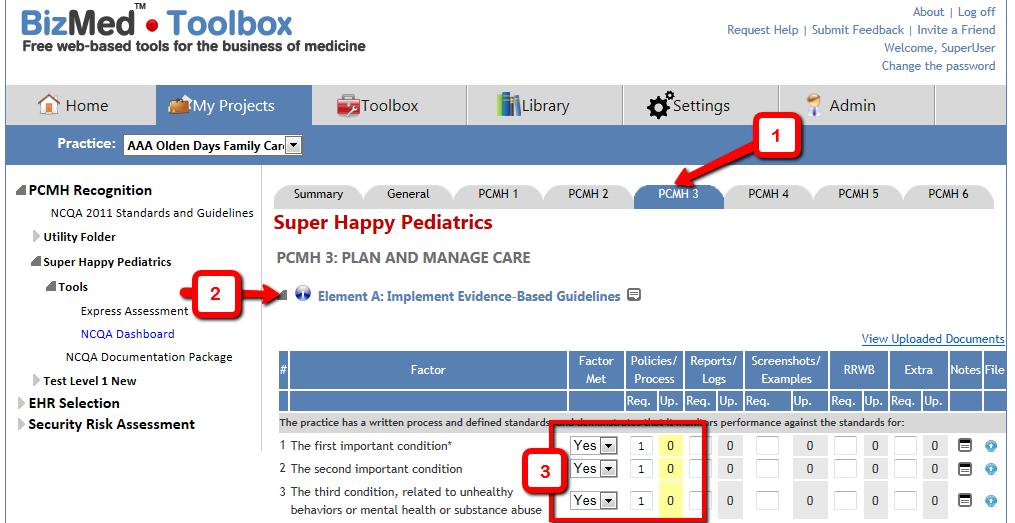 Navigate to PCMH 3 tab and click on the small grey triangle next to Element A and note that the uploaded documents column under Policies/Process is