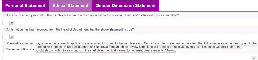 Research Ethics Statement Applicants must select Yes or No No ethic related documentation uploaded to
