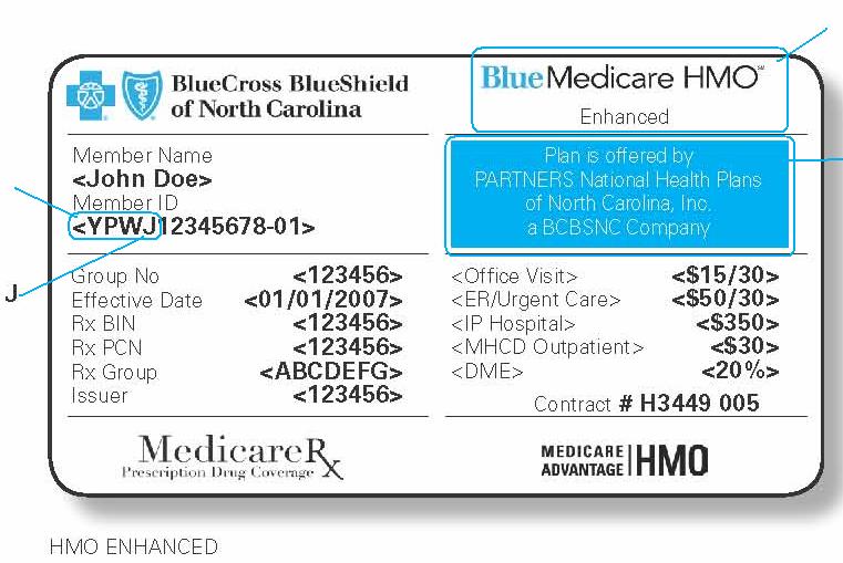 Blue Medicare HMO and PPO plans Alpha prefixes that are unique to Blue Medicare HMO and PPO members Prefixes for Blue Medicare HMO and PPO always end in the letter J Sample card image front Plan