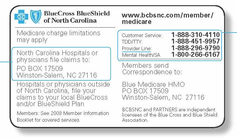 Blue Medicare HMO and PPO plans Sample card image back PARTNERS claims mailing address if not filing electronically PARTNERS provider service line and Blue Medicare HMO