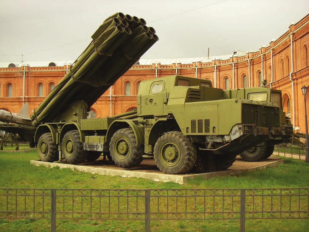 The launcher for a Russian BM-30 Smerch multiple rocket launching system outside the Sait-Petersburg Artillery museum.