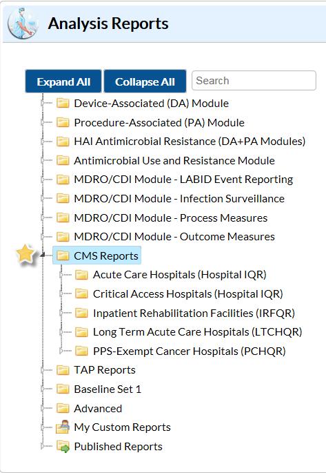 NHSN Analysis Reports CMS-related reports are available for each CMS quality