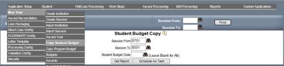 How to copy existing Student Budget Codes from a prior year/session (FAM086) To copy student Budget Codes from a prior year, select Application Setup from the FAM main menu, select New Year, and