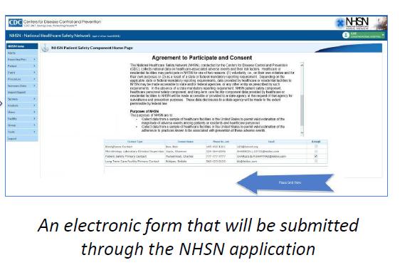 Once the consent form is available, an alert will appear on all NHSN component home pages Primary contacts and NHSN facility administrator (NHSN FA) will receive an email notification Primary