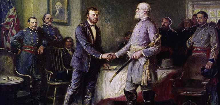 Surrender at Appomattox Union general Grant rose to shake hands with Confederate general Lee after the surrender. Grant allowed Lee to keep his sword and Lee s men to keep their horses.