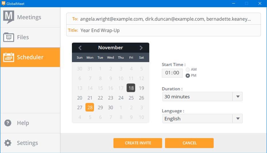 SCHEDULE A MEETING You can schedule a meeting and have GlobalMeet send an email invitation in your selected language, with the URL and dial-in information for your meeting.
