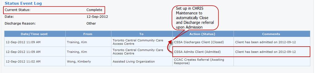 5 CSSA Discharges Referral This option is only available when the current status of the Referral is Admitted and the CCAC has configured in