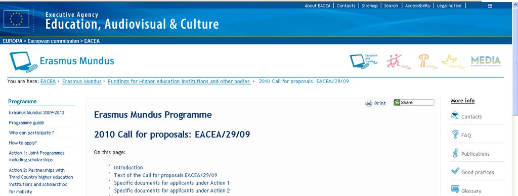 Call for Proposals on the web http://eacea.ec.europa.
