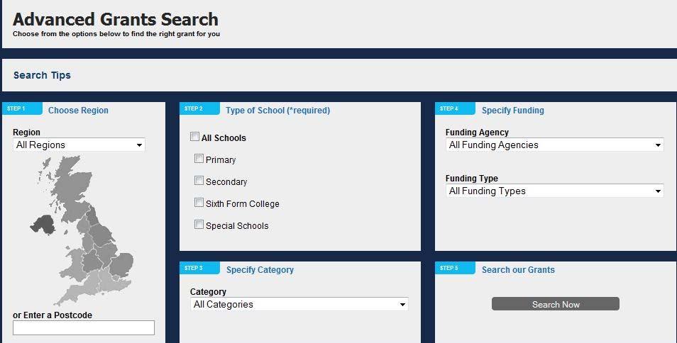 To use the Advanced Grant Search: Step 1 - Select a region/enter your post code Step 2 - Select the type of