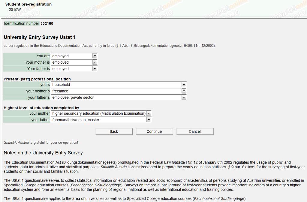 2.6 Entering Statutory Statistical Data (UStat1) Figure 7: Input field for UStart1 information Please enter all required answers as otherwise registration at the