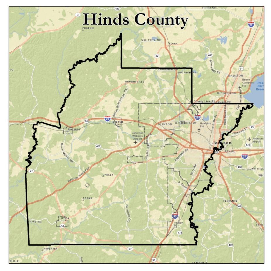 Hinds County Hinds County Value Rank in the Region Land Area* 869.74 2 Persons Per Square Mile* 282 1 Population* 245,285 1 Growth % Since 2000* -0.