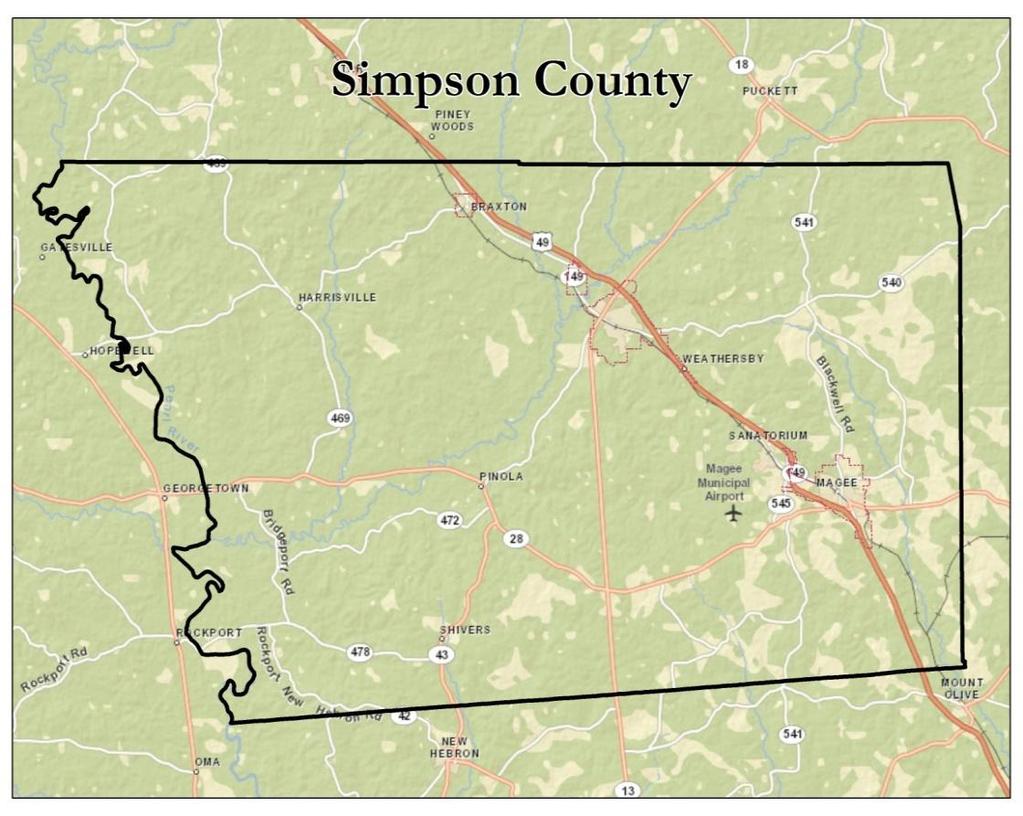 Simpson County Simpson County Value Rank in the Region Land Area* 589.16 6 Persons Per Square Mile* 46.7 5 Population* 27,503 7 Growth % Since 2000* -0.