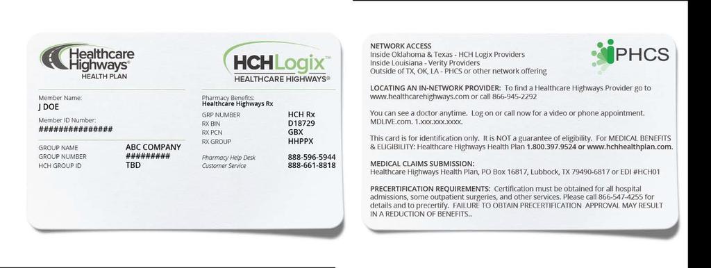 ID card example: HEALTHCARE HIGHWAY PARTICIPANT ID CARDS CLIENT OR EMPLOYER
