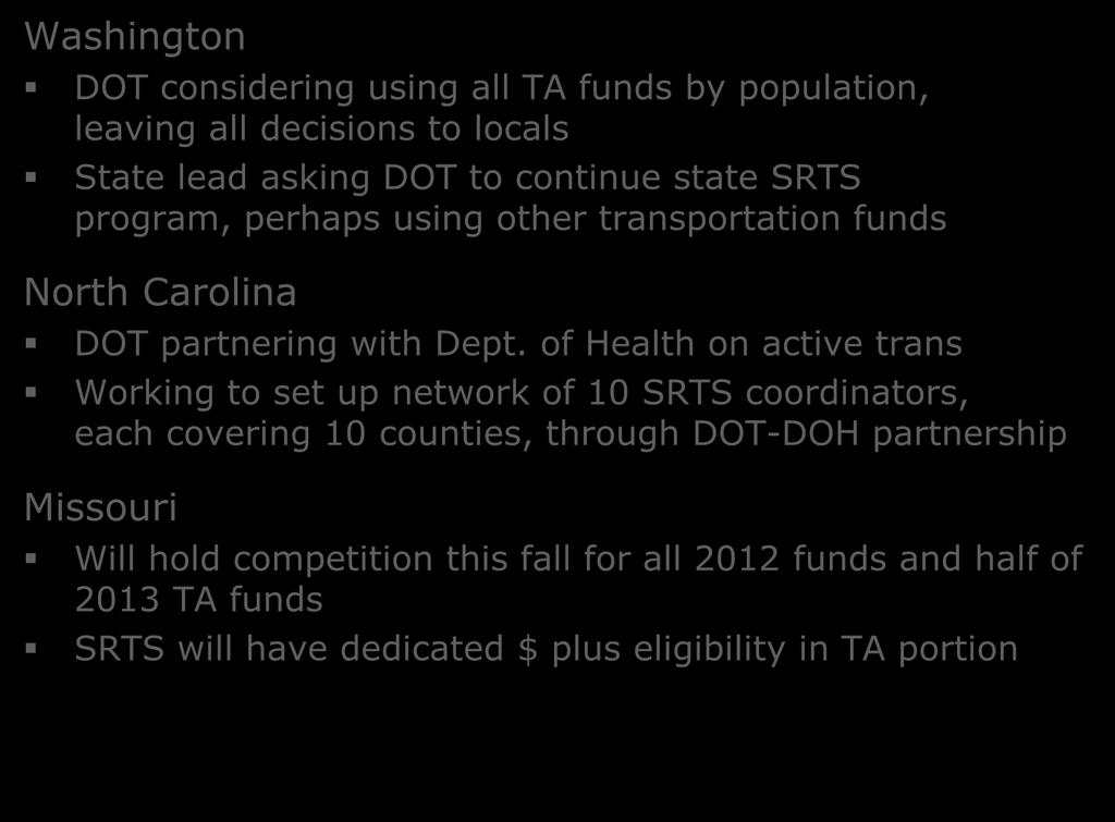 Examples of State Campaigns & Intel Washington DOT considering using all TA funds by population, leaving all decisions to locals State