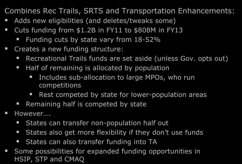 Transportation Alternatives: A Summary Combines Rec Trails, SRTS and Transportation Enhancements: Adds new eligibilities (and deletes/tweaks some) Cuts funding from $1.