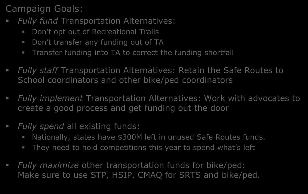 State Transportation Alternatives Campaigns Campaign Goals: Fully fund Transportation Alternatives: Don t opt out of Recreational Trails Don t transfer any funding out of TA Transfer funding into TA
