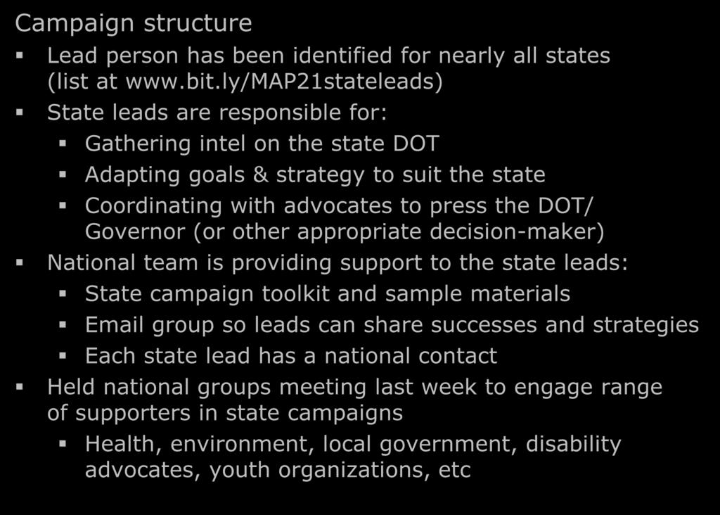 State Transportation Alternatives Campaigns Campaign structure Lead person has been identified for nearly all states (list at www.bit.