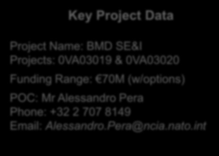 options towards 1Q21) Key Project Data Project Name: BMD SE&I Projects: 0VA03019 & 0VA03020 Funding