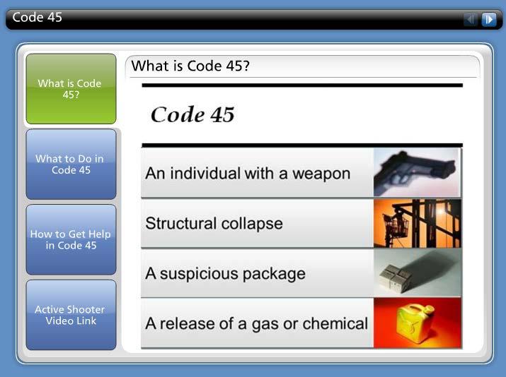 Code 45 is LVHN s code designation for a potentially dangerous situation, where it is necessary for people to remove themselves from, and stay away from, the affected area.