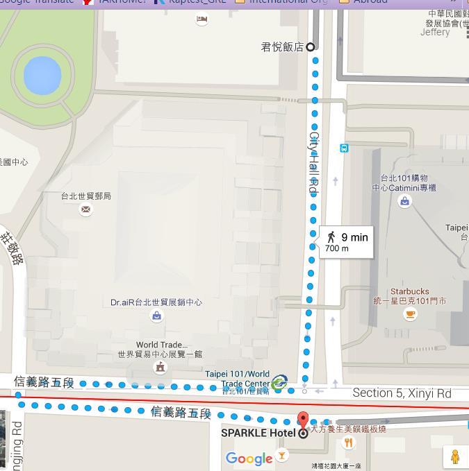 turn right at Xinyi road and at the next intersection to the opposite way of Xinyi Road back, then you will find Sparkle Hotel is on your right side. (refer to the pic below).