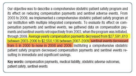 Effect of a comprehensive obstetric safety program on compensation payments and sentinel events Effect of a comprehensive obstetric safety program on
