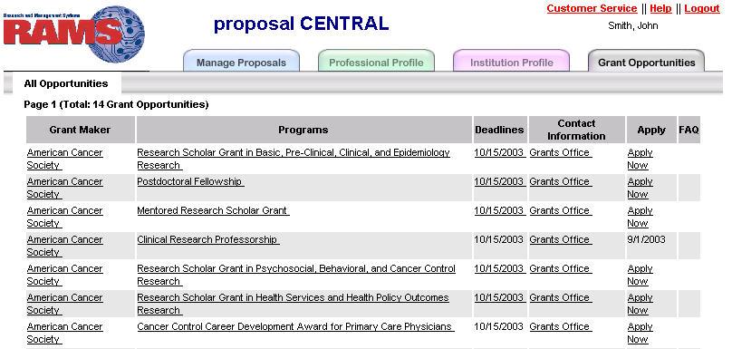 Once you click on either of the 2 points a list of available grants will appear under the Grant Opportunities tab.
