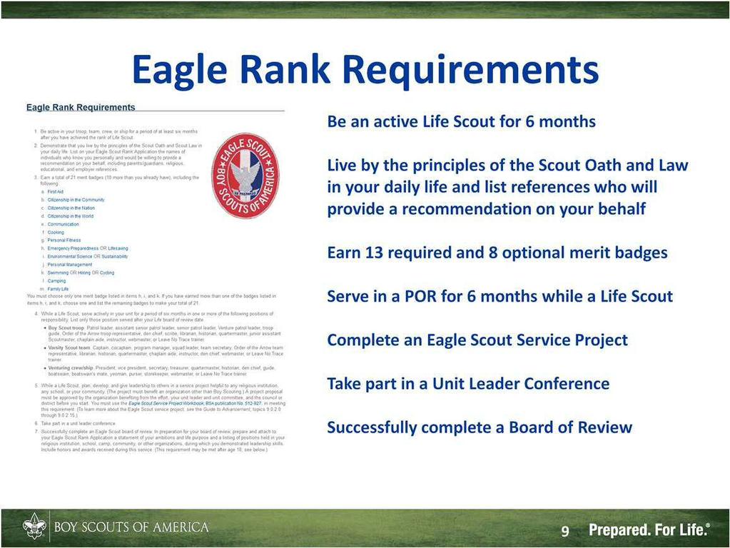 The current Eagle Rank Requirements are found in the current Eagle Rank Application and in the annual Boy Scout Requirements book. There are only 7 requirements: Be an active Life Scout for 6 months.