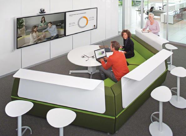 Workers seated in the lounge can easily connect with a Virtual or physical PUCK, while workers around the ledge have the convenient option of connecting wirelessly, limiting distractions for the team.