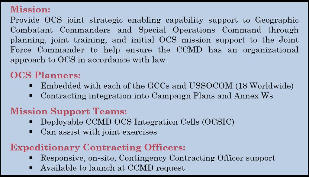 ORGANIZATIONS AND ROLES Commanders achieve OCS staff integration through a combination of Mission Support Teams (MST) and OCS planners aligned under the Joint Contingency Acquisition Support Office