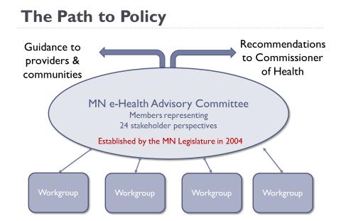 Appendix B: Minnesota e-health Advisory Committee The Minnesota e-health Advisory Committee is a 25-member legislatively authorized committee appointed by the Commissioner of Health to build