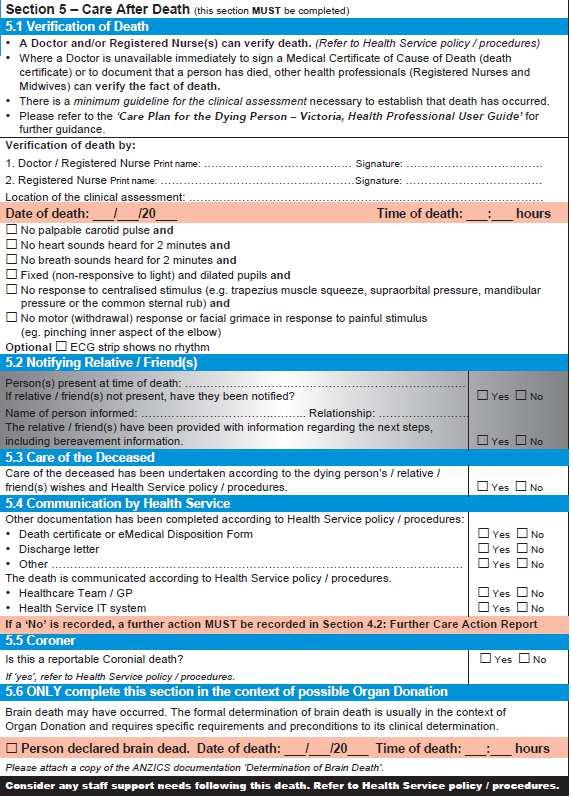 SECTION 5: CARE AFTER DEATH MEDICAL AND MDT Verification of Death signature(s) Clinical assessment required to