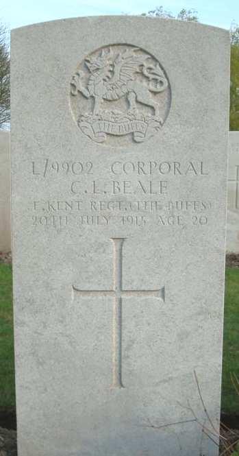 BEALE, CHARLES LOUIS. Corporal, L/9902. 1st Battalion, The Buffs (East Kent Regiment). Died Tuesday 20 July 1915. Aged 20. Born Warehorne, Ashford, Kent. Enlisted Ashford, Kent.