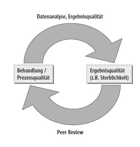 The Peer Review process in the PDCA cycle aimed at continuously improving quality quality indicators with input from routine data (DRG) identification of quality problems data analysis outcome