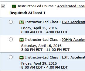 Once you have registered, you then can see the class dates. Choose the class that meets your schedule, place a dot in the radio button and then click Submit.