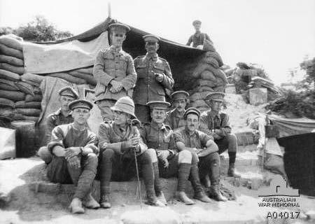 Informal group portrait of officers of the 1st Battalion at Anzac. Capt Clive Wentworth Thompson (Medical Officer) from Brewongle seated far right second row.
