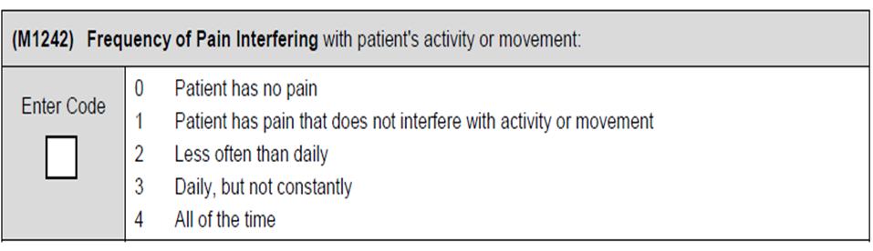 $$$ (M1242) Assess pain while patient is active or moving. o Identifies frequency with which pain interferes with patient s activities, with treatments if prescribed.