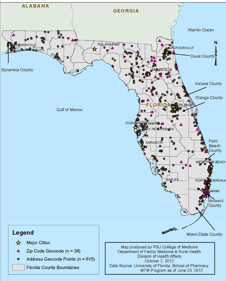 Figure 2. Geographic distribution of Florida MTM eligible recipients in Program Year 1: Recipient residential location geocoded by address or zip code, June 2011.