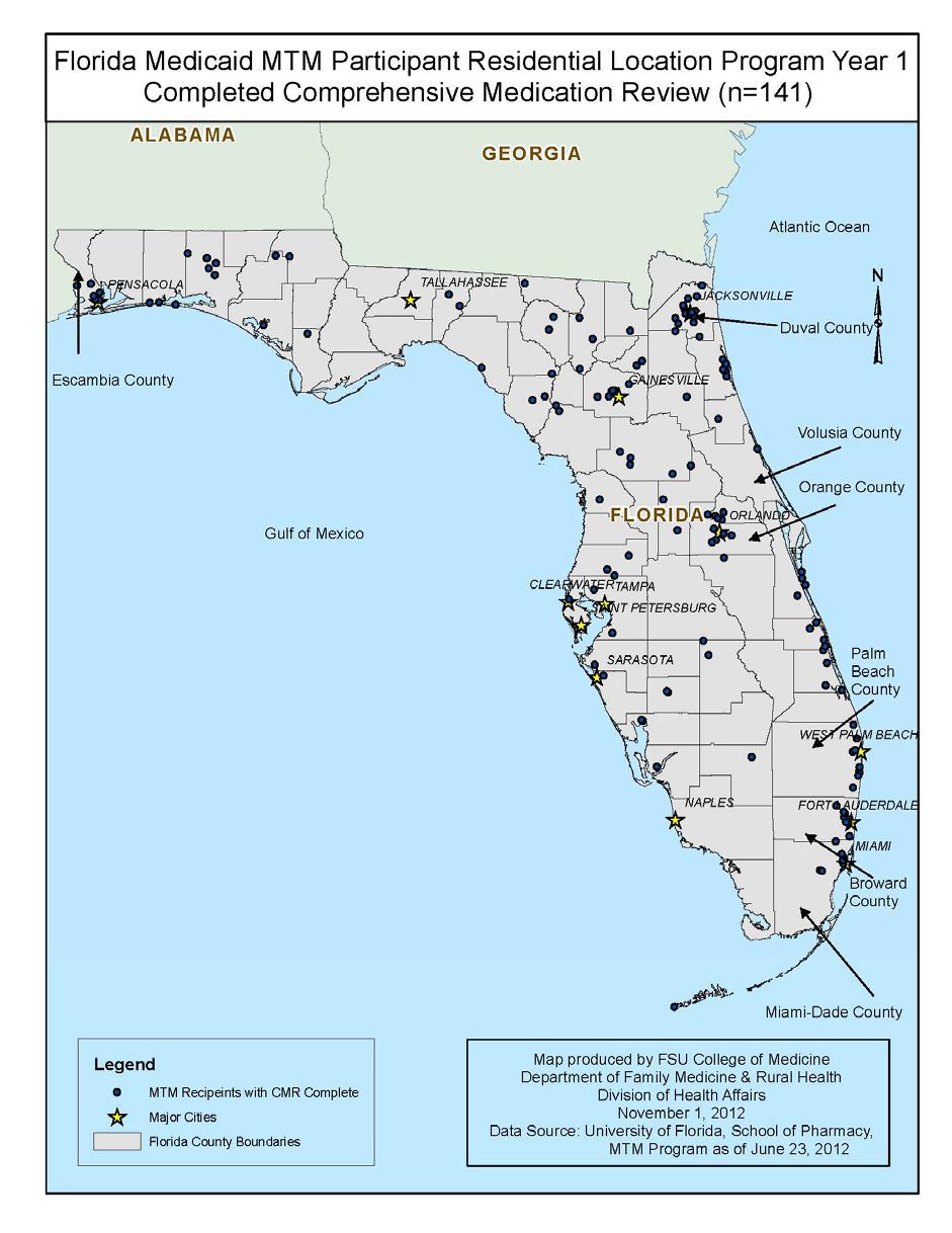 Figure 3. Geographic distribution of Florida MTM participants geocoded by address or zip code, June 2011.