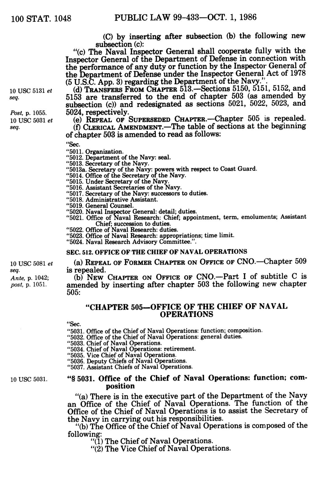 100 STAT. 1048 PUBLIC LAW 99-433-OCT. 1, 1986 10 USC 5131 et seq. Post, p. 1055. 10 USC 5031 