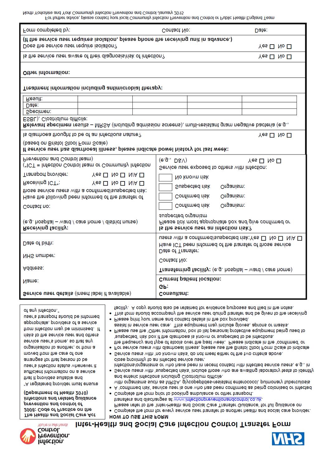 Appendix 2: Inter-Health and Social Care Infection Control Transfer Form 16
