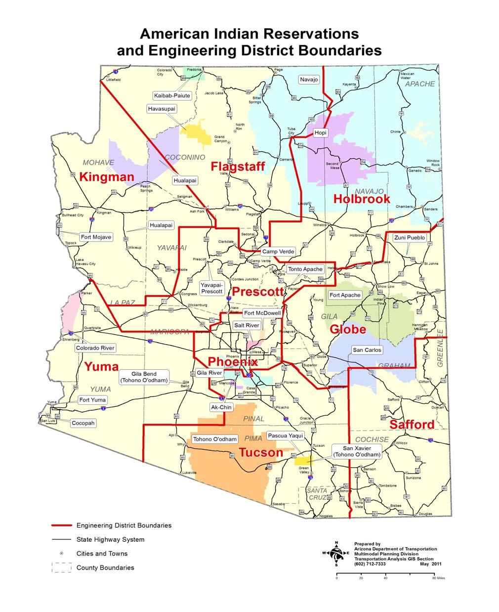 Figure 2-1 Map of Tribal, County and ADOT Engineering District Boundaries ADOT