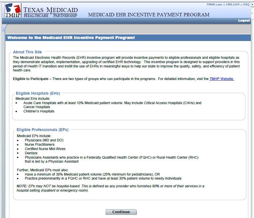 Welcome Page After logging into the Medicaid