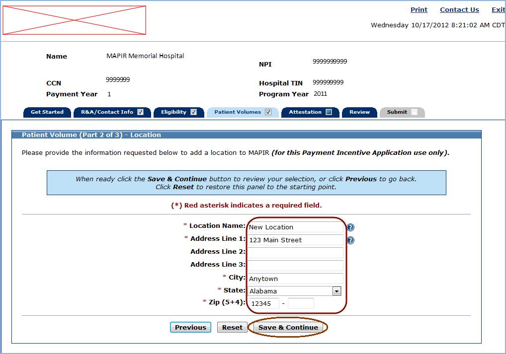 MAPIR User Guide for Eligible Hospitals Patient Volume (Part 2 of 3) - Location If you clicked Add Location on the previous screen, you will see the following screen.