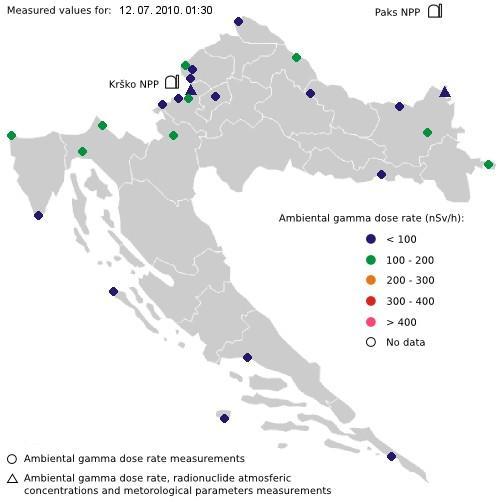 Figure 1: Locations of all measuring stations belonging to the CEWS The SORNS web portal is intended to inform general public about the nuclear emergency preparedness system in Croatia and the