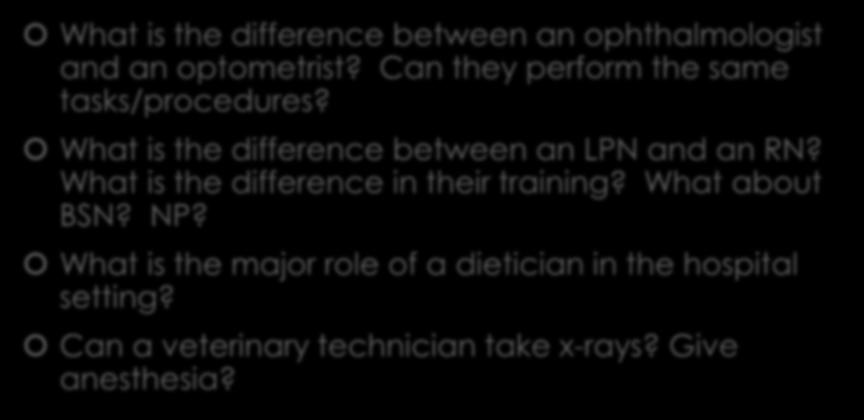 Important to know!! What is the difference between an ophthalmologist and an optometrist? Can they perform the same tasks/procedures? What is the difference between an LPN and an RN?