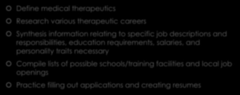 Objectives for this Unit Define medical therapeutics Research various therapeutic careers Synthesis information relating to specific job descriptions and responsibilities, education