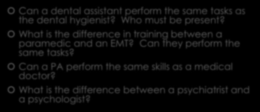 Important to know!! Can a dental assistant perform the same tasks as the dental hygienist? Who must be present?