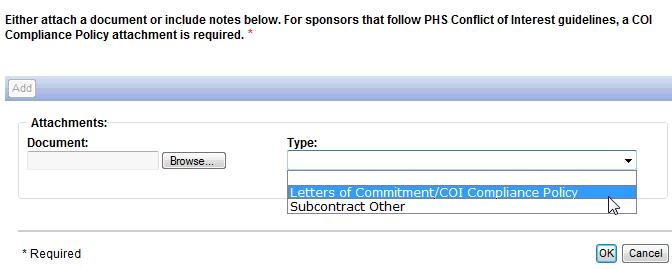 Attachments section 20 21 22 20. Browse for and select the applicable document (completed by the subcontractor). 21. Select the applicable Type. 22. Click OK. 23.