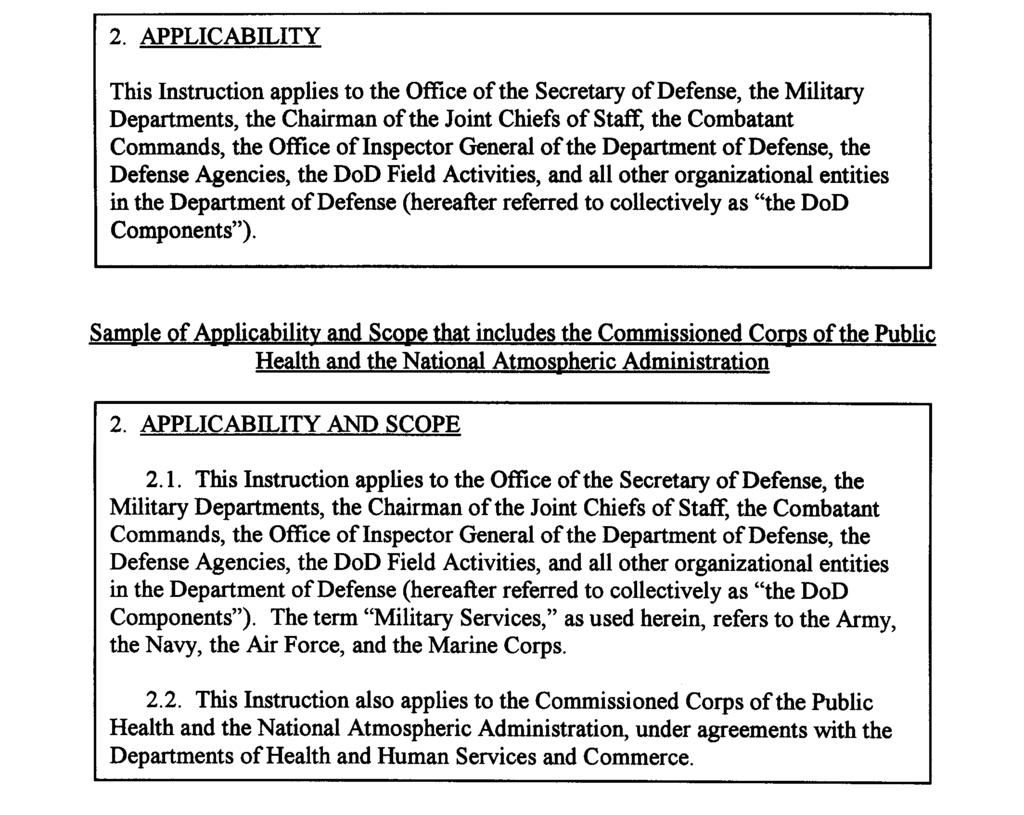 C3.1.5.2. APPLICABILITY AND SCOPE C3.1.5.2.1. Identify to whom the Instruction applies. Use the standard wording for the APPLICABILITY section. C3.1.5.2.2. The SCOPE must be in a separate paragraph or paragraphs and identifies other Agencies not listed in the standard paragraph in this section.